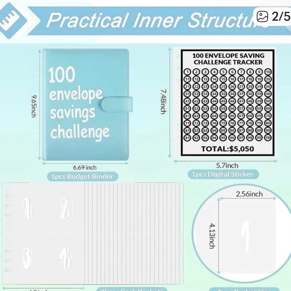 100 Envelope Savings Challenge Binder ~ Carolina Blue